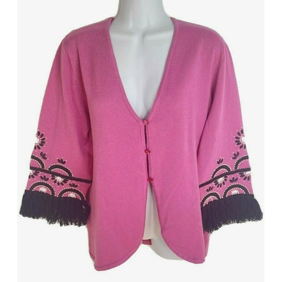 Bob Mackie Sweaters - Bob Mackie Pink Boho Beaded Embroidered Fringed S